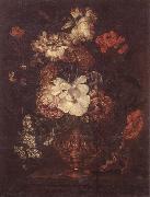 Still life of Roses,Carnations,Daisies,peonies and convulvuli in a gilt vase,upon a stone ledge unknow artist